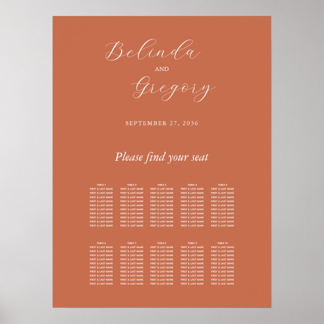 Terracotta Elegant Script Wedding Seating Chart (Front)