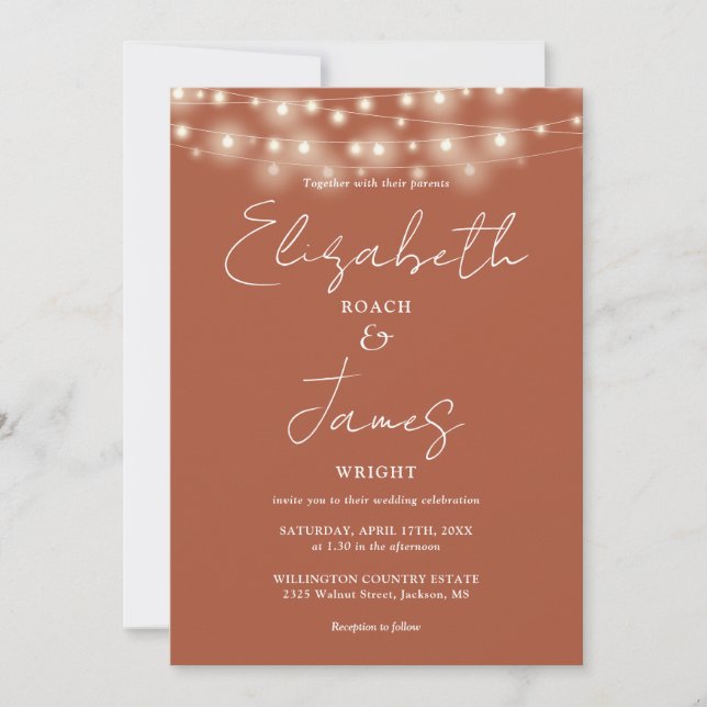 Terracotta Elegant String Lights QR Code Wedding Invitation (Front)
