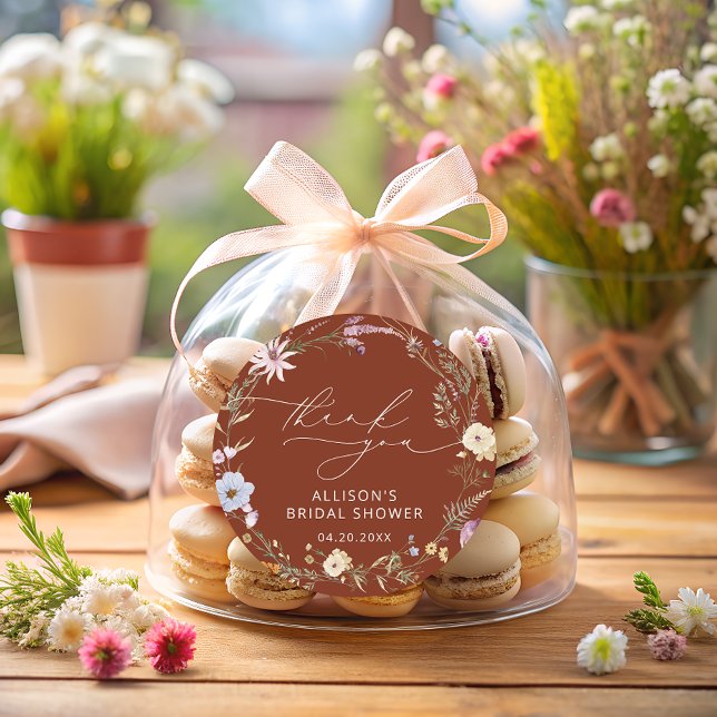 Terracotta Elegant Wildflower Floral Bridal Shower Classic Round Sticker (Creator Uploaded)