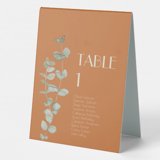 Terracotta Eucalyptus Deco guests table tent sign (Back)