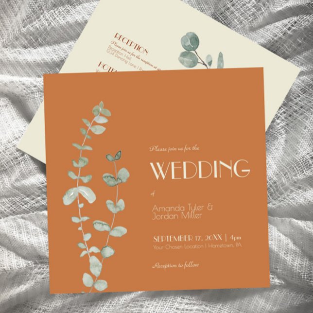 Terracotta Eucalyptus Deco Square All One Wedding Invitation (Creator Uploaded)