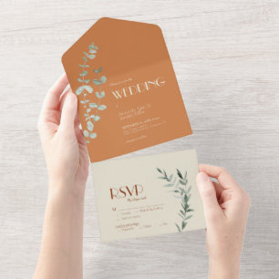 Terracotta Eucalyptus Deco Wedding All In One Invitation