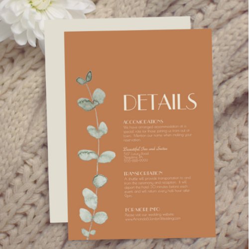 Terracotta Eucalyptus Deco Wedding Details Enclosure Card
