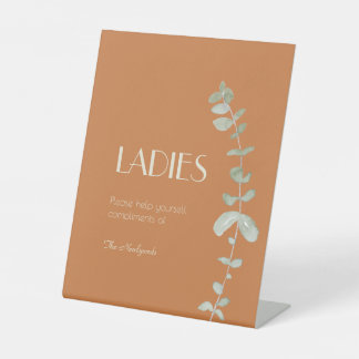 Terracotta Eucalyptus Deco Wedding Ladies Bathroom Pedestal Sign