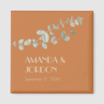 Terracotta Eucalyptus Deco Wedding Magnet<br><div class="desc">This Terracotta Eucalyptus Deco wedding magnet provides a minimalist boho, and rustic country, western, or desert theme. The simple sage green eucalyptus succulent foliage compliments the terracotta autumn background, while the art deco type combined with the botanical greenery and burnt orange backdrop creates a versatility to combine with other colored...</div>