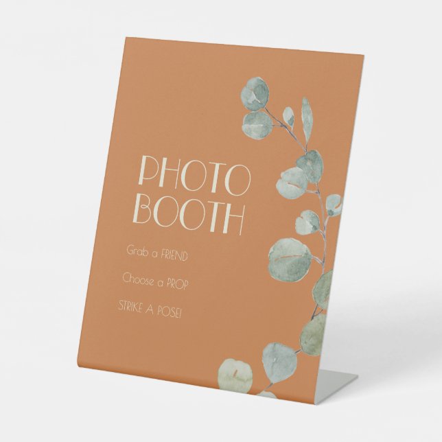 Terracotta Eucalyptus Deco Wedding Photo Booth Pedestal Sign (Front)