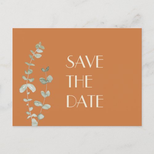 Terracotta Eucalyptus Deco Wedding Save the Date Announcement Postcard