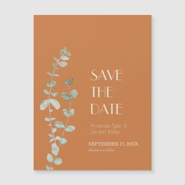 Terracotta Eucalyptus Deco Wedding Save the Date Magnetic Invitation (Front)
