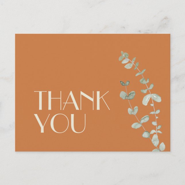 Terracotta Eucalyptus Deco Wedding Thank You Postcard (Front)
