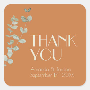 Terracotta Eucalyptus Deco Wedding Thank You Square Sticker
