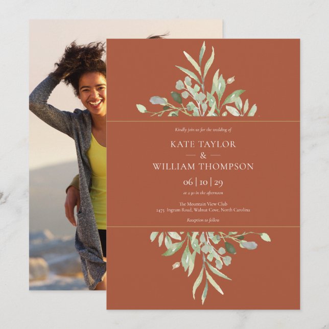 Terracotta Eucalyptus Greenery Photo Wedding Invitation (Front/Back)