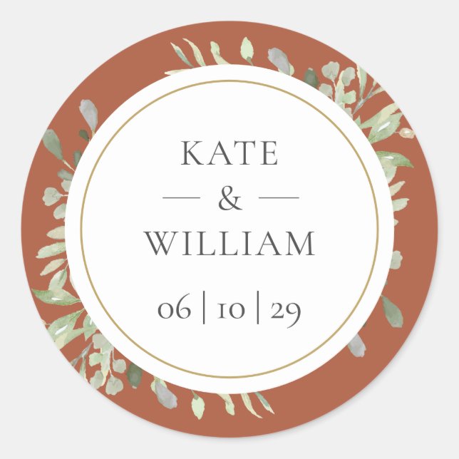 Terracotta Eucalyptus Greenery Wedding Classic Round Sticker (Front)