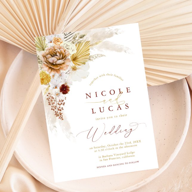 Terracotta Fall Autumn Boho Pampas Grass Wedding Invitation (Creator Uploaded)