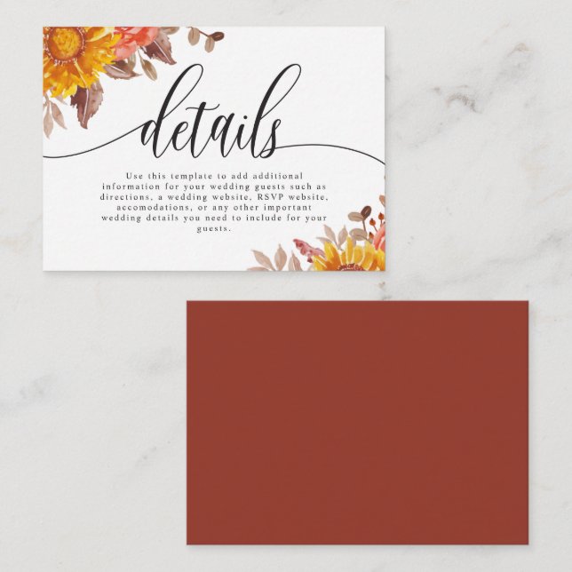 Terracotta Fall Autumn Floral Wedding Details Enclosure Card (Front/Back)