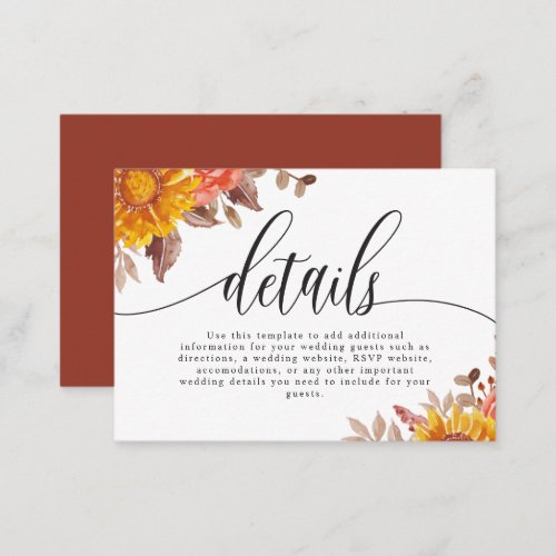 Terracotta Fall Autumn Floral Wedding Details Enclosure Card