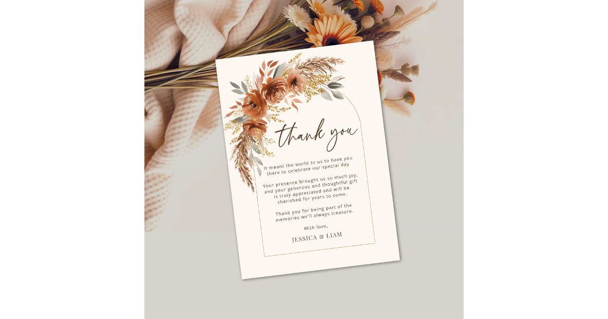 Terracotta Fall Boho Floral Wedding Thank you Card | Zazzle