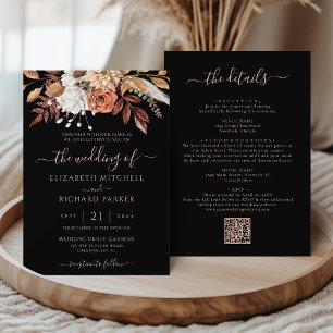 Terracotta Fall Floral Black All In One Wedding Invitation