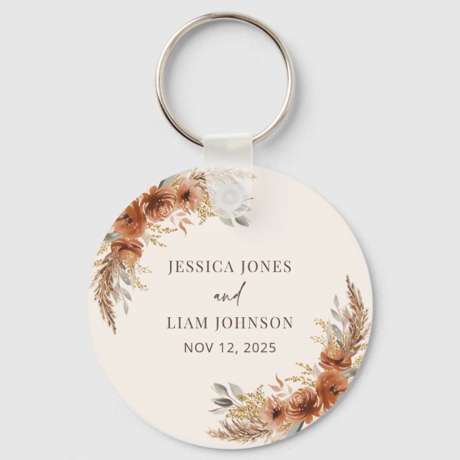 Terracotta Fall Floral Boho Rustic Wedding Favors Keychain (Front)