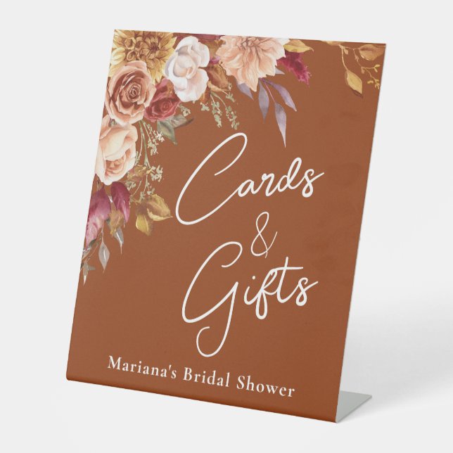 Terracotta Fall Floral Bridal Shower Cards & Gifts Pedestal Sign (Front)