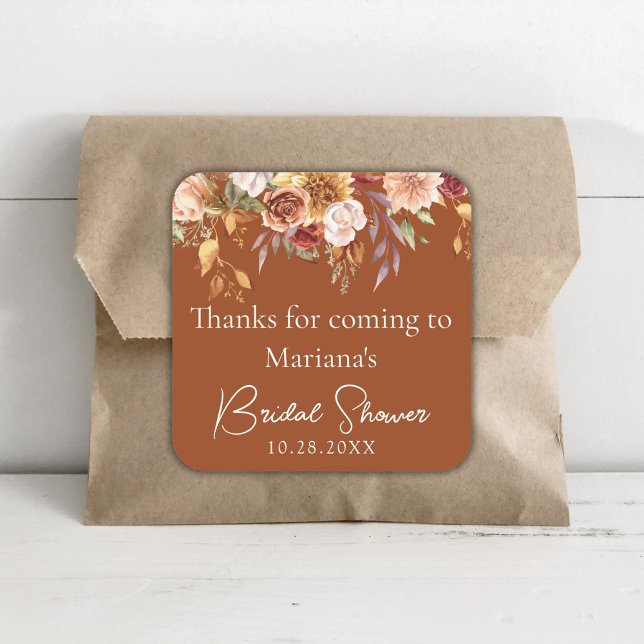 Terracotta Fall Floral Bridal Shower Favors Square Sticker (Creator Uploaded)