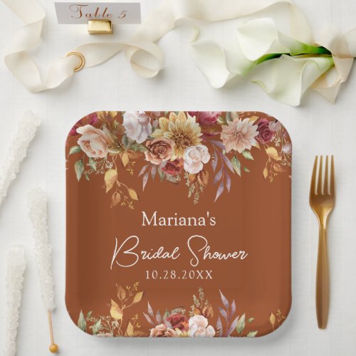 Terracotta Fall Floral Bridal Shower Paper Plates