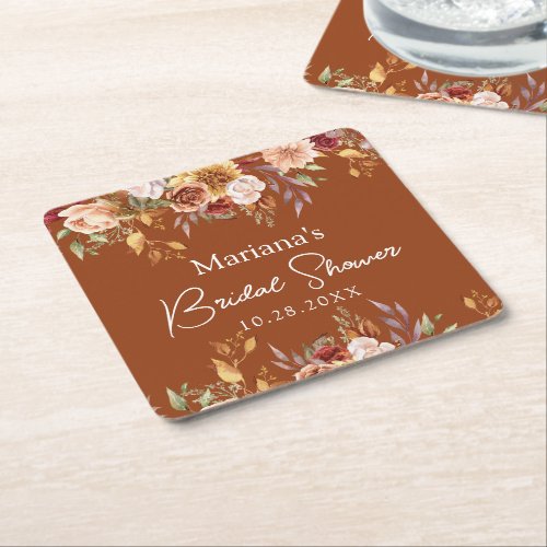 Terracotta Fall Floral Bridal Shower Square Paper Coaster