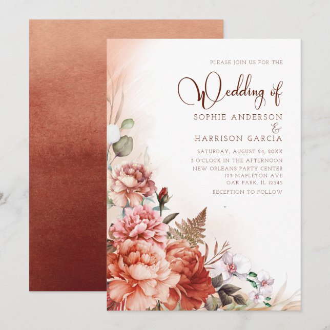 Terracotta Fall Floral Burnt Orange Boho Wedding Invitation (Front/Back)