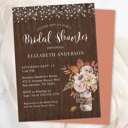Terracotta Fall Floral Mason Jar Bridal Shower Invitation