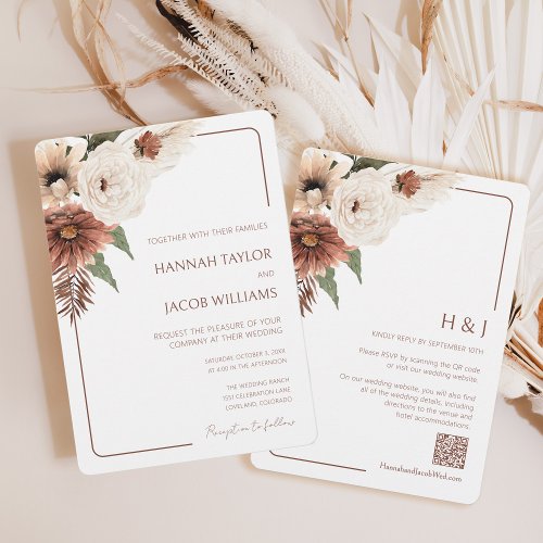 Terracotta Fall Floral Modern QR Code RSVP Wedding Invitation