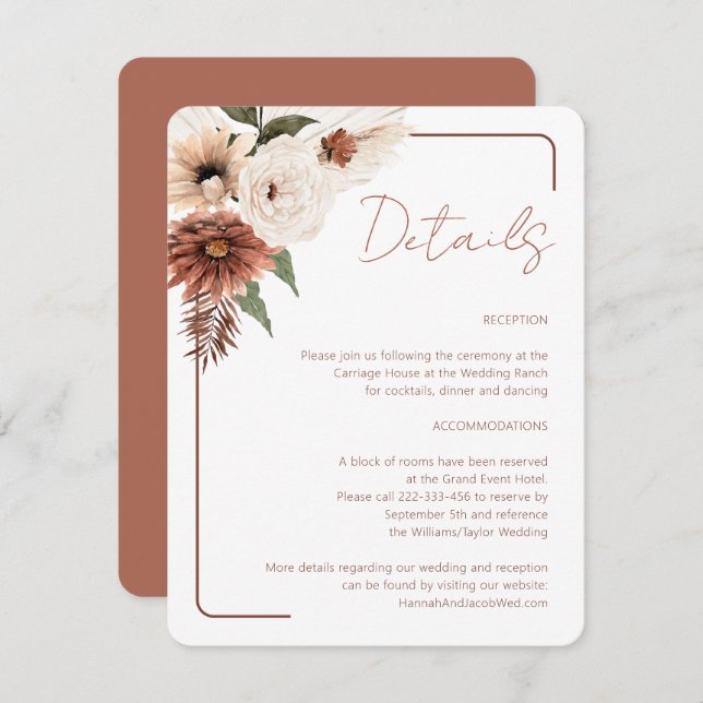 Terracotta Fall Floral Modern Wedding Enclosure Card (Front/Back)