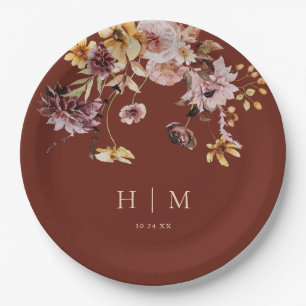 Terracotta Fall Floral Monogram Wedding Paper Plates