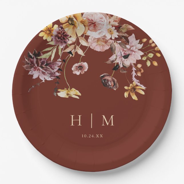 Terracotta Fall Floral Monogram Wedding  Paper Plates (Front)