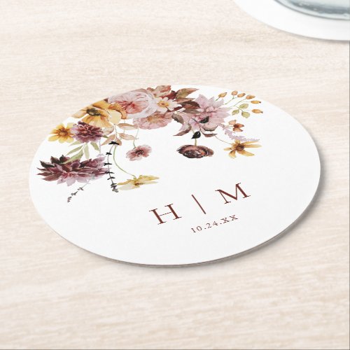 Terracotta Fall Floral Monogram Wedding  Round Paper Coaster