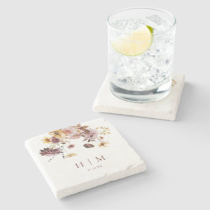 Terracotta Fall Floral Monogram Wedding Stone Coaster