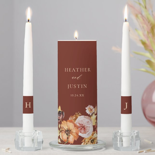 Terracotta Fall Floral Monogram Wedding  Unity Candle Set (In Situ)