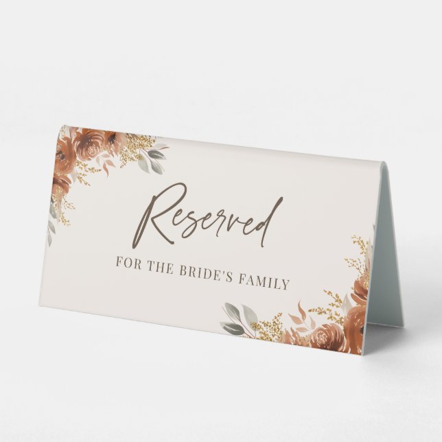 Terracotta Fall Floral Rustic Reserved Wedding Table Tent (Front)