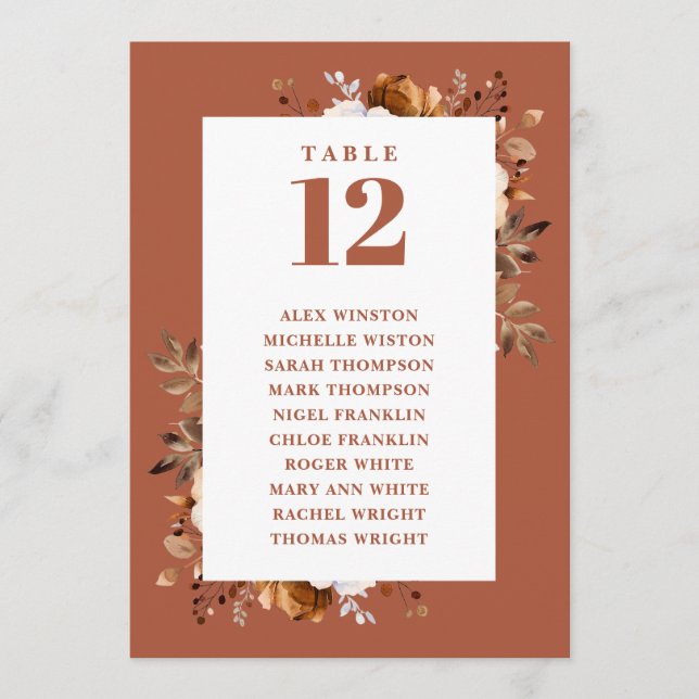 Terracotta Fall Floral Table Number Seating Chart (Front)