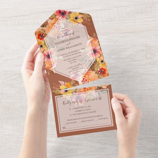Terracotta Fall Floral Wedding All In One Invitation (Tearaway)
