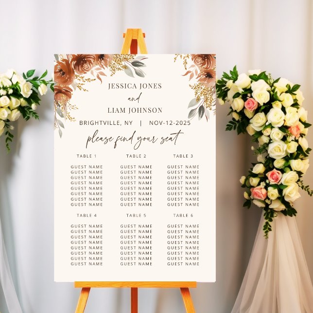 Terracotta Fall Floral Wedding Guest Seating Chart Foam Board (Terracotta Fall Floral Wedding Guest Seating Chart)