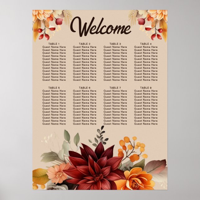 Terracotta Fall Floral Wedding Seating Chart (Front)
