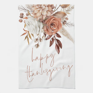 Terracotta Fall Florals Script Happy Thanksgiving Kitchen Towel