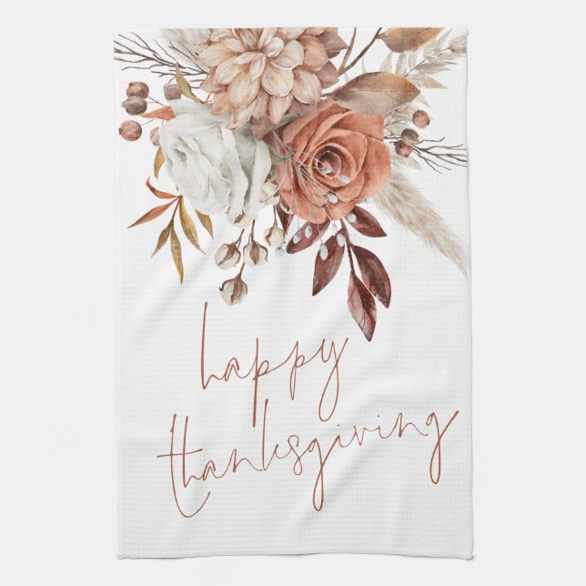 Terracotta Fall Florals Script Happy Thanksgiving Kitchen Towel (Vertical)