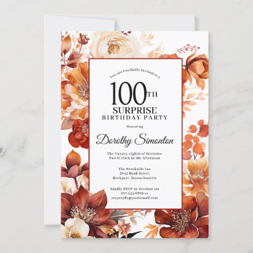 Terracotta Fall Flowers 100th Surprise Birthday Invitation