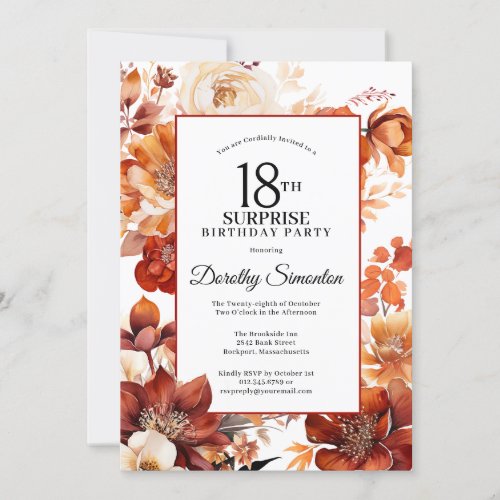 Terracotta Fall Flowers 18th Surprise Birthday Invitation