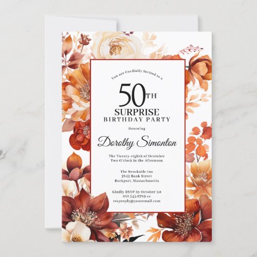 Terracotta Fall Flowers 50th Surprise Birthday Invitation