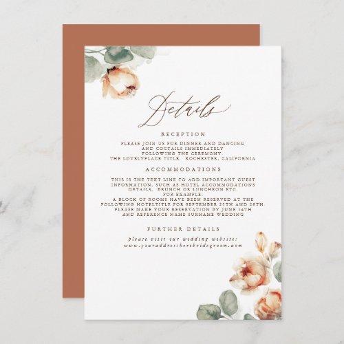 Terracotta Fall Flowers Elegant Wedding Details Enclosure Card