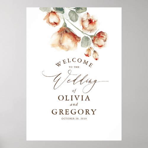 Terracotta Fall Flowers Elegant Wedding Welcome Poster