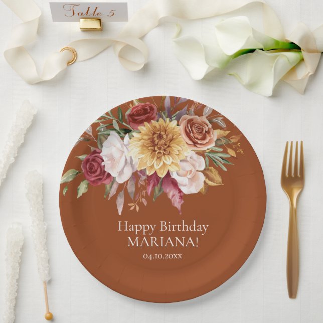 Terracotta Fall Foliage Flowers Birthday Party Paper Plates (Wedding)