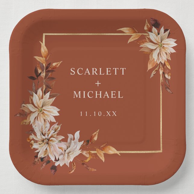Terracotta Fall Paper Plate (Terracotta Fall Floral Table  Decor Paper Plate by Painted Paperie)