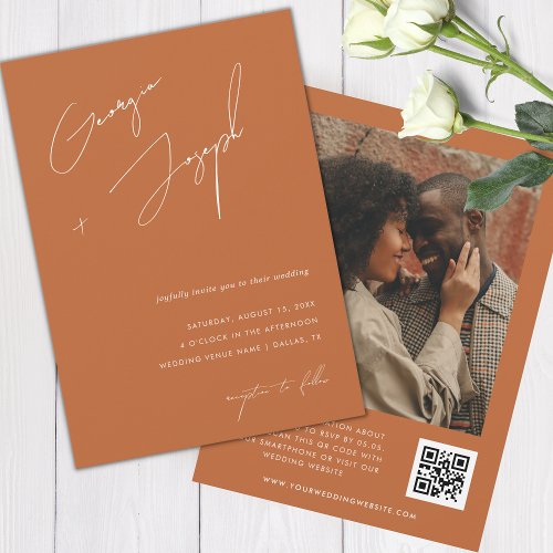 Terracotta Fall  Script Photo QR Code Wedding Invitation